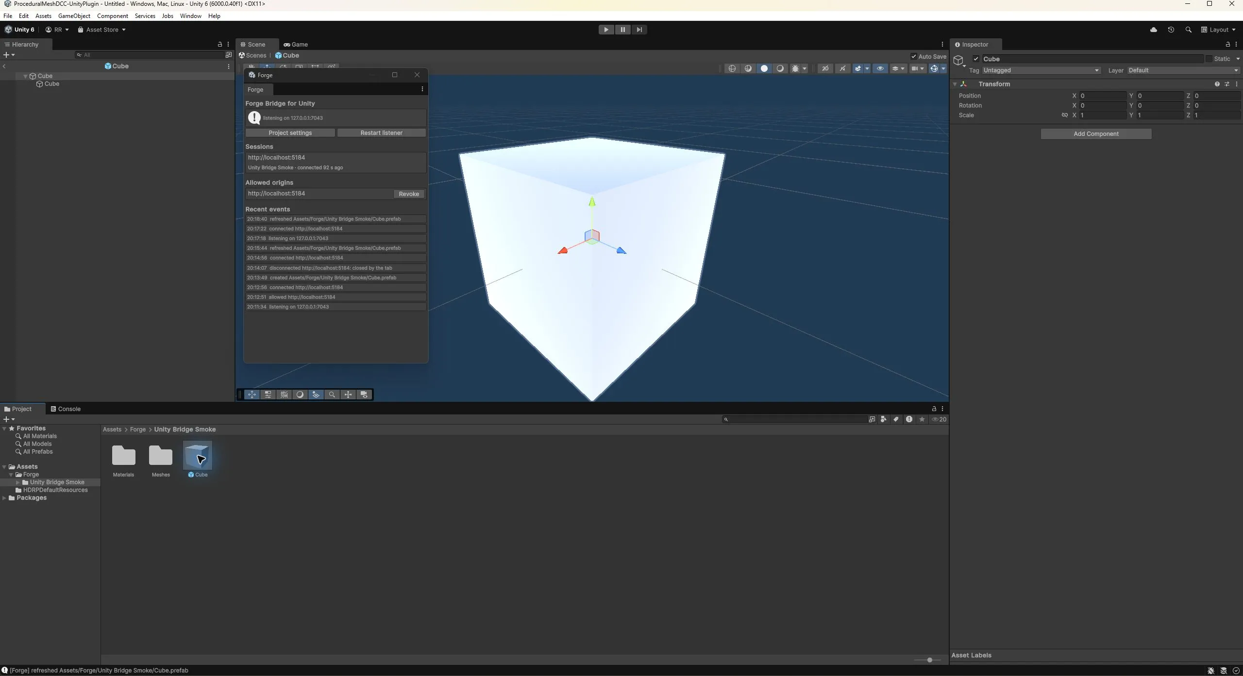 Unity showing the imported Cube prefab, native Meshes and Materials folders, and the Forge window with successful create and refresh events