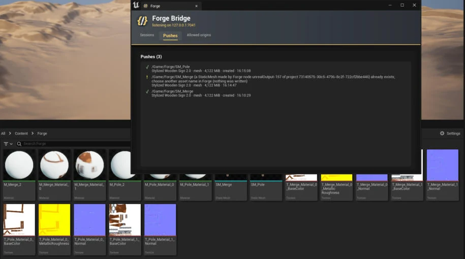 Unreal’s Window ▸ Forge tab listing three sends from Forge (two created assets and one refused name) above the Content Browser holding the sent static meshes with their materials and textures